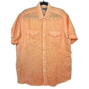 Neiman Marcus Mens 100% Linen Orange Short Sleeve Button Down Shirt Large